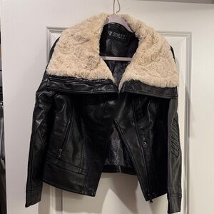 Guess Leather Jacket with Cream Fur Collar